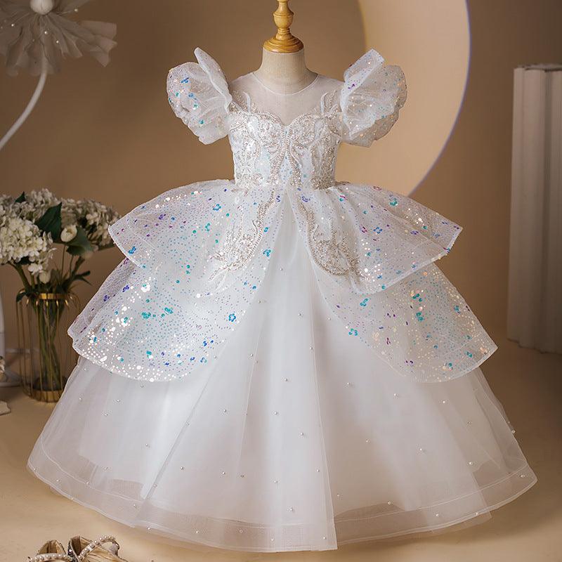 Ball Gown Short Sleeves Beaded Princess Girl Party Dress with Rhinestone Appliques