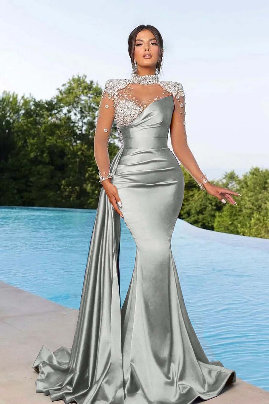 Prom Dress Long Mermaid Satin With Trail Beadings Long Sleeves Purple YL0236