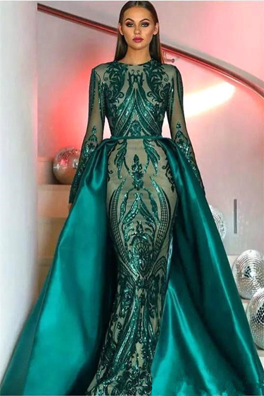 edgynewlook Emerald Green Long Sleeves Mermaid Sequins Prom Dress Long