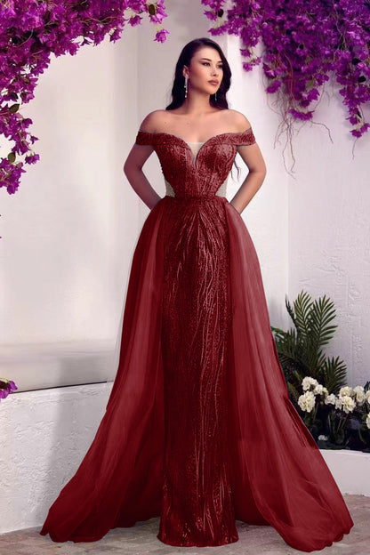 Glamorous Off-The-Shoulder Sweetheart Tulle Prom Dress Overskirt With Sequins Beads ED0386