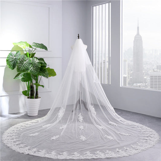 Two-tier Ultra Wide Lace Wedding Veil with Appliques