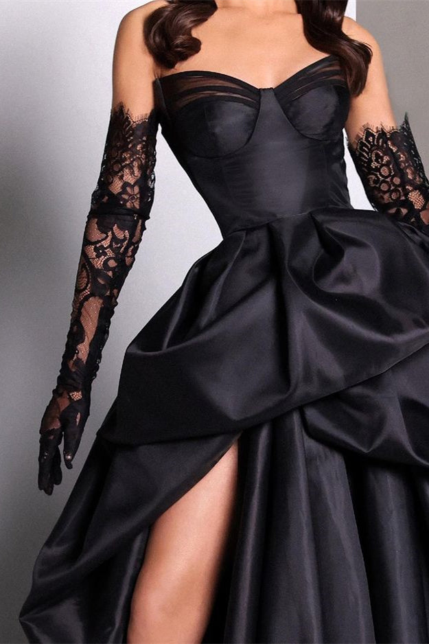 Black Sweetheart Taffeta Slit Prom Dress With Long Lace Gloves ED0061