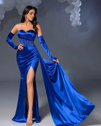 Royal Blue Sweetheart Split Strapless Prom Dress With Long Gloves ZT0615