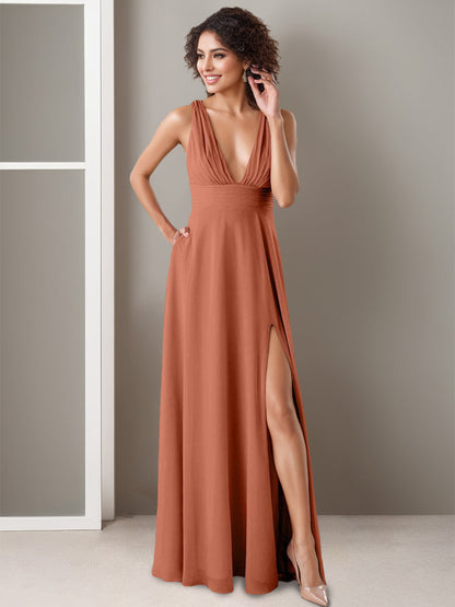 A Line/Princess Deep V-Neck Sleeveless Floor-Length Bridesmaid Dresses with Split Side & Ruffles