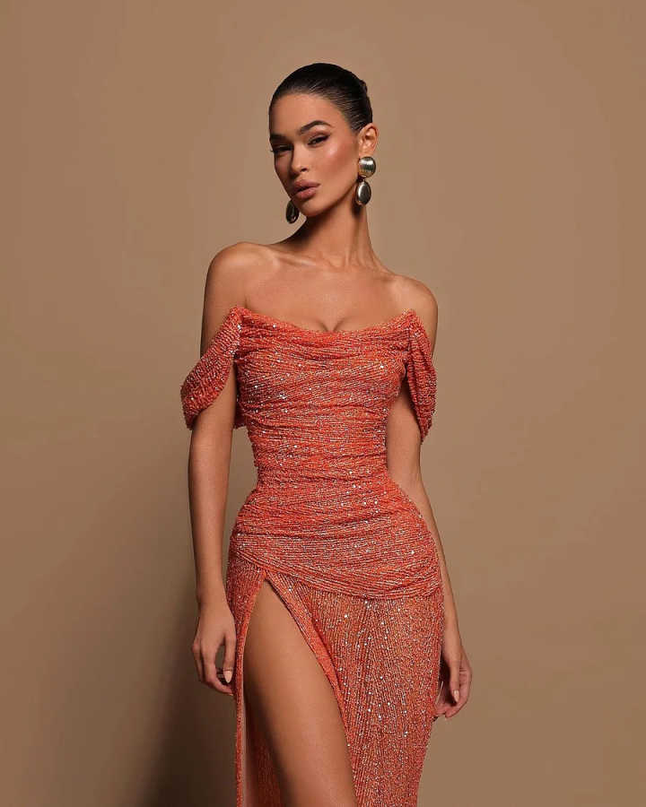 Dark Orange Off-The-Shoulder Sequins Prom Dress With High Split LX0140