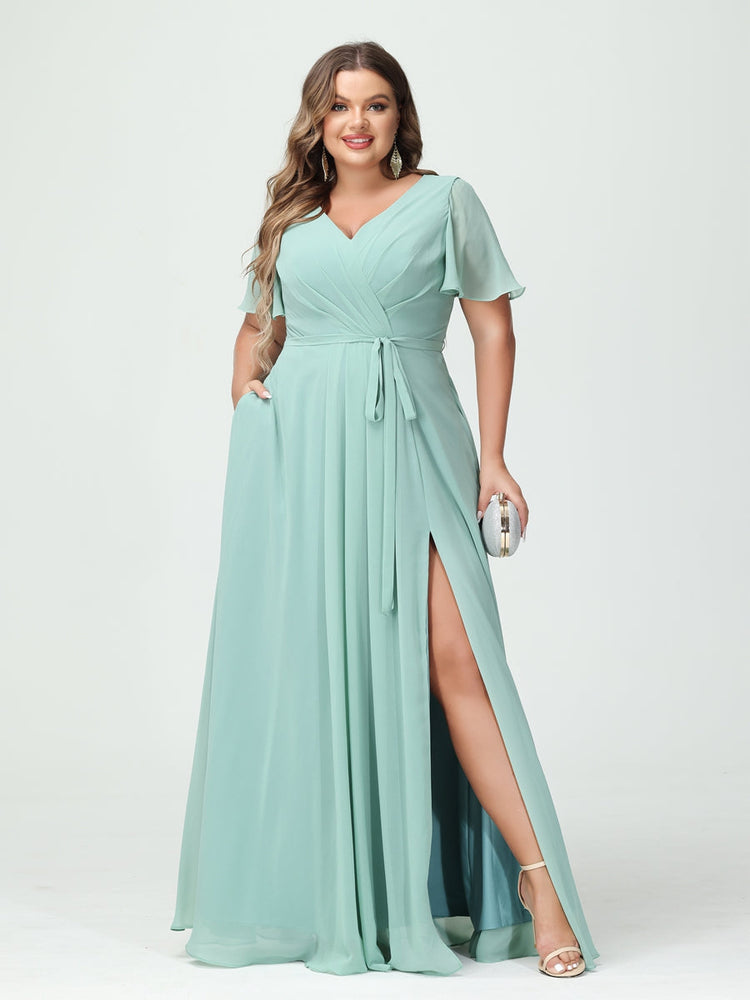 A-Line/Princess V-Neck Short Sleeves Plus Size Bridesmaid Dresses with Pockets Belt & Split Side