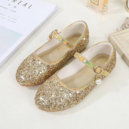 Sparkling Sequins Low Heel Round Toe Minimalist Girl's Shoes with Buckle & Pearl