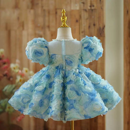 Beaded Round Neck Short Sleeves Knee-Length Baby Girl Dress with Ruched Flowers