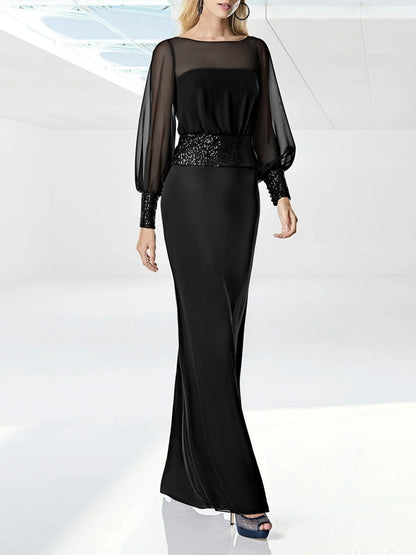 Sheath/Column Round Neck Long Sleeves Floor length Prom Dresses With Sequins Belt