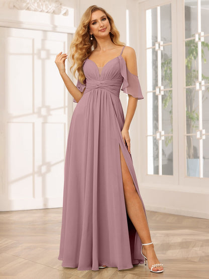 A-Line/Princess Spaghetti Straps V-Neck Floor-Length Bridesmaid Dresses with Split Side