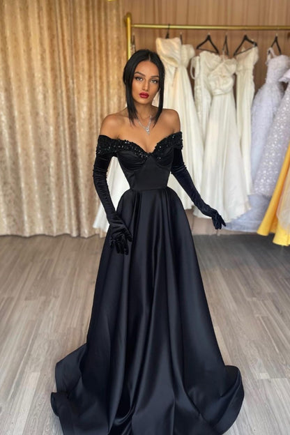 Black Prom Dress Strapless A-Line With Gloves Charmeuse YL0291