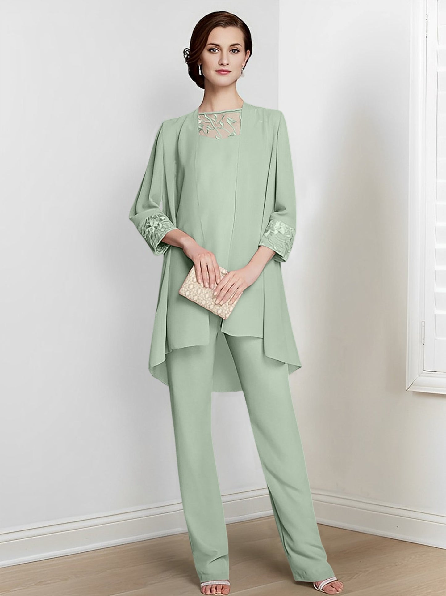 Chiffon Square Neck Long Sleeves Floor-Length Mother Of The Bride Pantsuits With Jacket