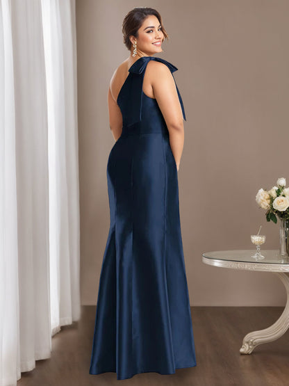 Sheath/Column One-Shoulder Sleeveless Satin Plus Size Mother of the Bride Dresses with Bowknot