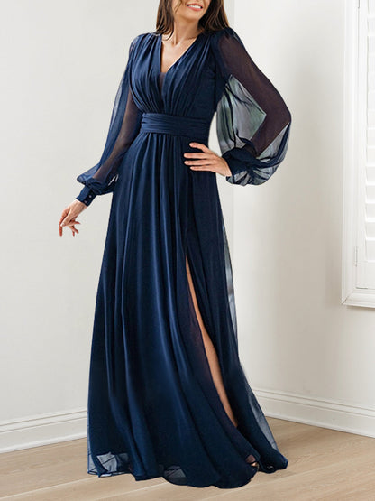 A-Line/Princess V-Neck Long Sleeves Floor-Length Mother of the Bride Dresses with Ruffles