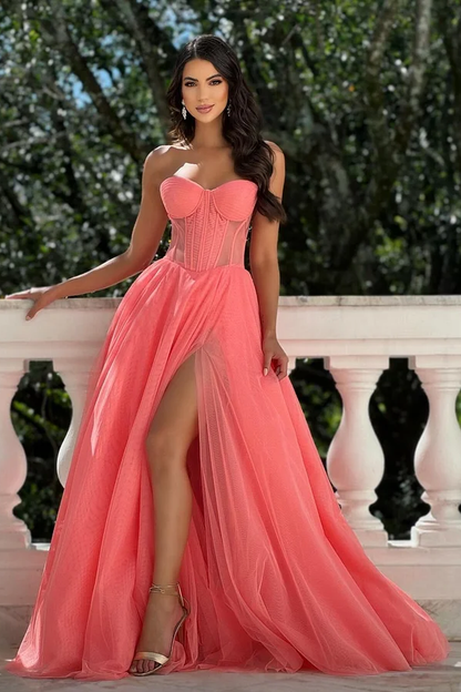 Watermelon Sweetheart Neckline Strapless Tulle Split Prom Dress ZT0098