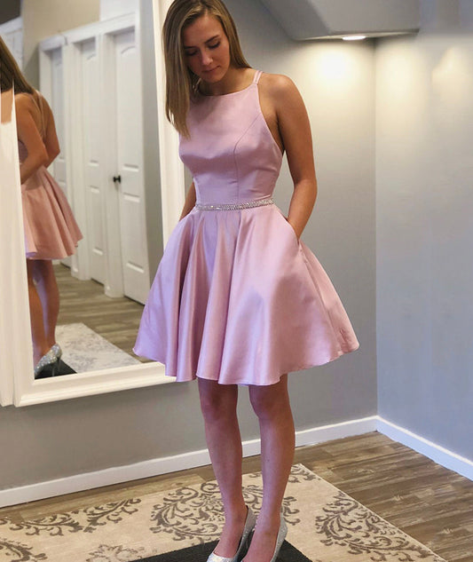 Pink satin short prom dress cute homecoming dress  8387