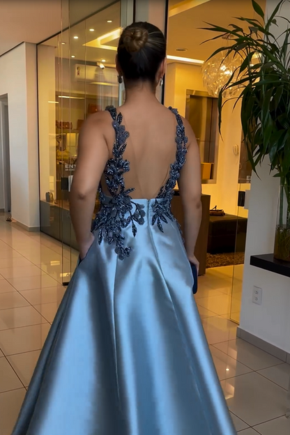 edgynewlook Exquisite Dusty Blue Satin Sleeveless Spaghetti Strap Prom Dress with Beadings