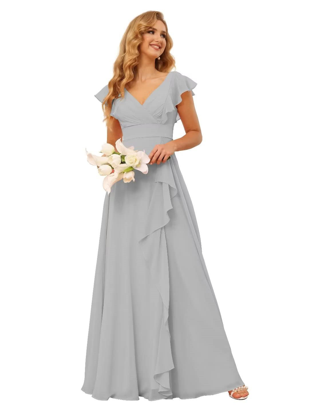 A-Line/Princess  V Neck Short Sleeve Floor Length  Bridesmaid Dresses With  Ruffled Split