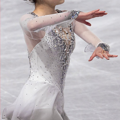 Women's Girls' Long Sleeves Training Practice Sparkly Ice Figure Skating Dress with Rhinestone