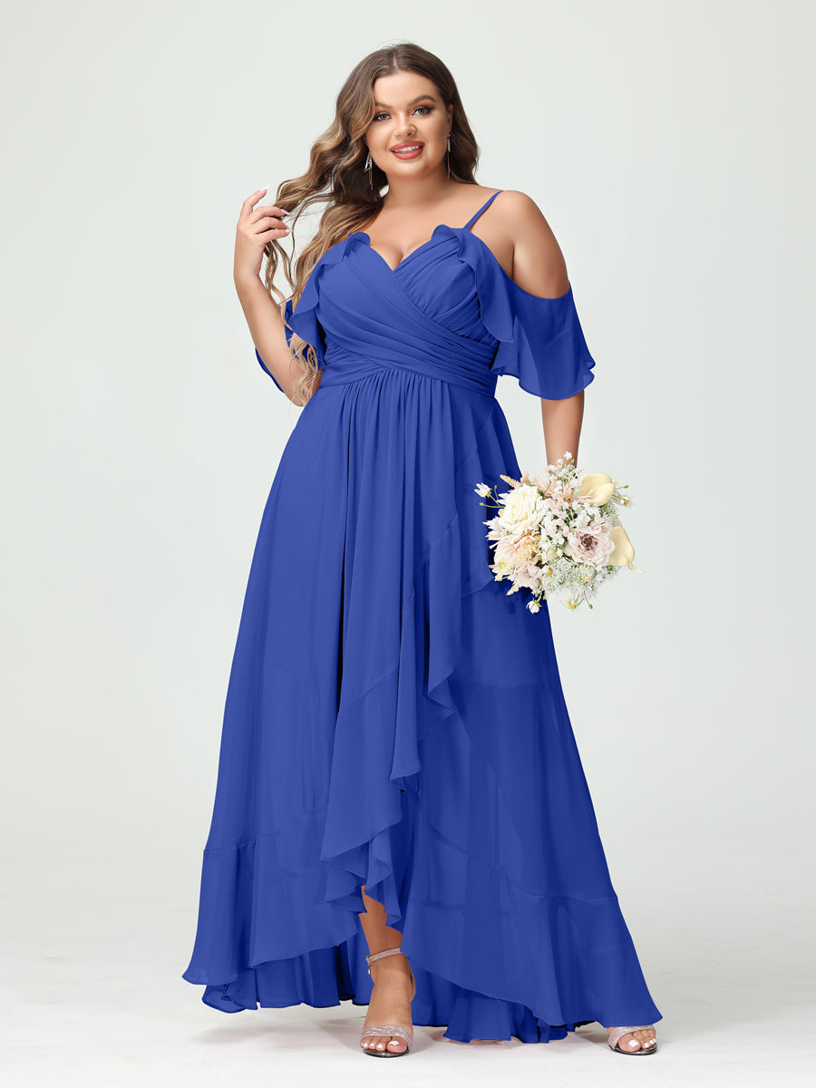 A-Line/Princess/Princess Spaghetti Straps V-Neck Short Sleeves Chiffon Asymmetrical Plus Size Bridesmaid Dresses with Ruffles