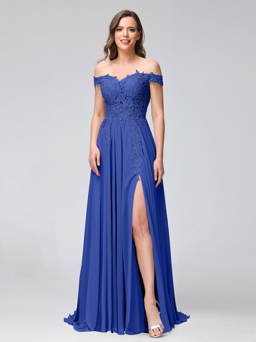 A-Line/Princess Off-the-Shoulder Sleeveless Long Bridesmaid Dresses with Side Slit & Appliqued