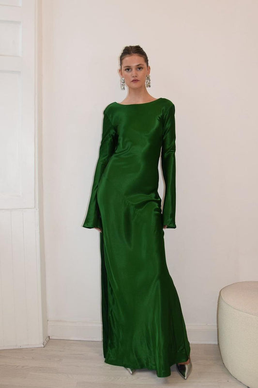 edgynewlook Simple Dark Green Satin Jewel Neck Long Sleeves Backless Long Prom Dress with Split