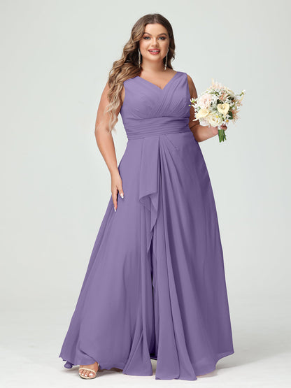 A-Line/Princess V-Neck Sleeveless Chiffon Ruffles Plus Size Bridesmaid Dresses with Pockets & Ruffles