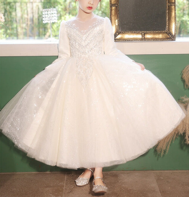 Ball Gown Round Neck Long Sleeves Flower Girl Dresses with Rhinestone Appliques