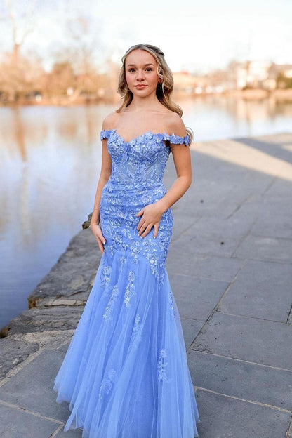 Lavender Off the Shoulder Tulle Appliques Mermaid Long Prom Dresses