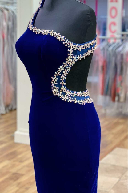 Royal Blue Velvet One-Shoulder Beaded Short Homecoming Dress gh1569