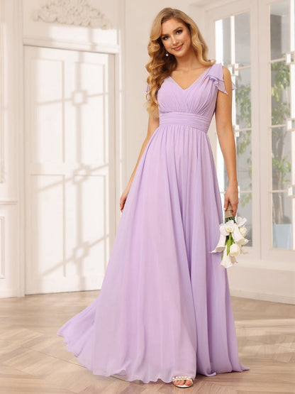 A-Line/Princess V-Neck Short Sleeves Long Bridesmaid Dresses with Ruffles