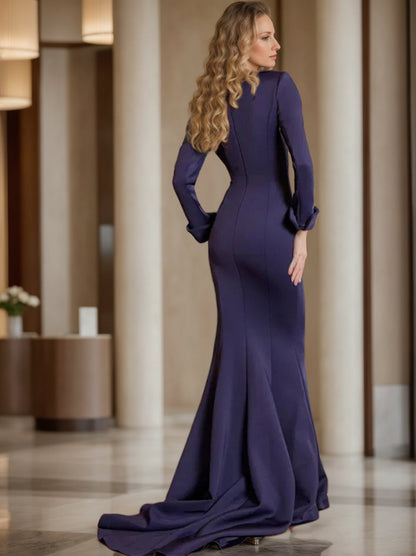 Sheath/Column V-Neck Long Sleeves Floor-Length Mother of the Bride Dresses With Pleats