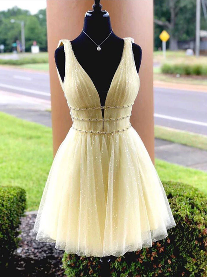 YELLOW TULLE SHORT PROM DRESS. YELLOW HOMECOMING DRESS gh806