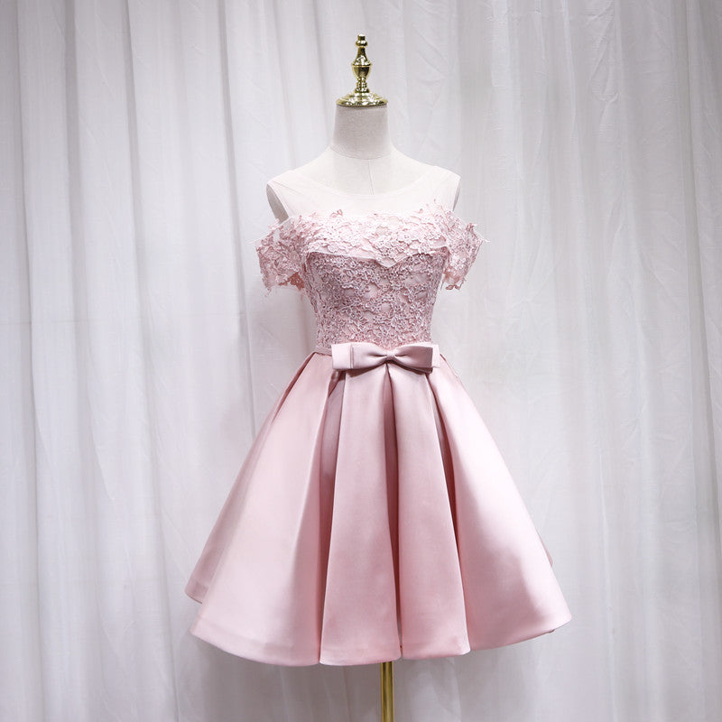 Pink satin lace short prom dress  8210