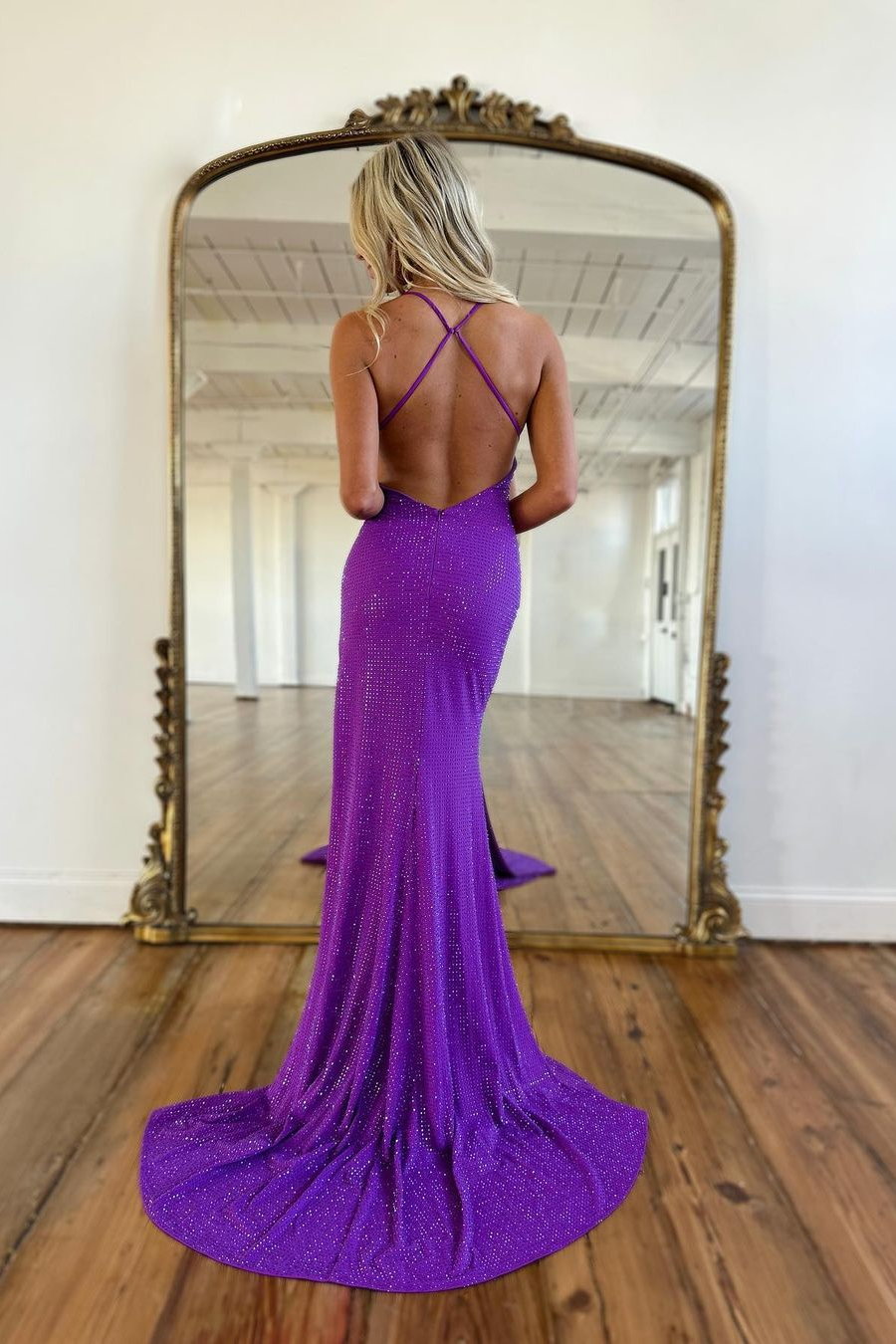 Sequins Prom Dress Purple Sleeveless Backless Split Long YL0121