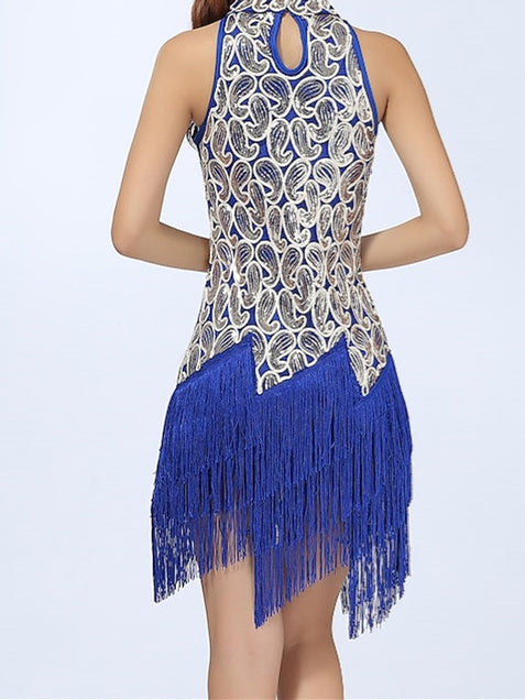 Latin Dance Dress Fringed  Paillette Tassel Splicing Women‘s Training Performance High Sleeveless