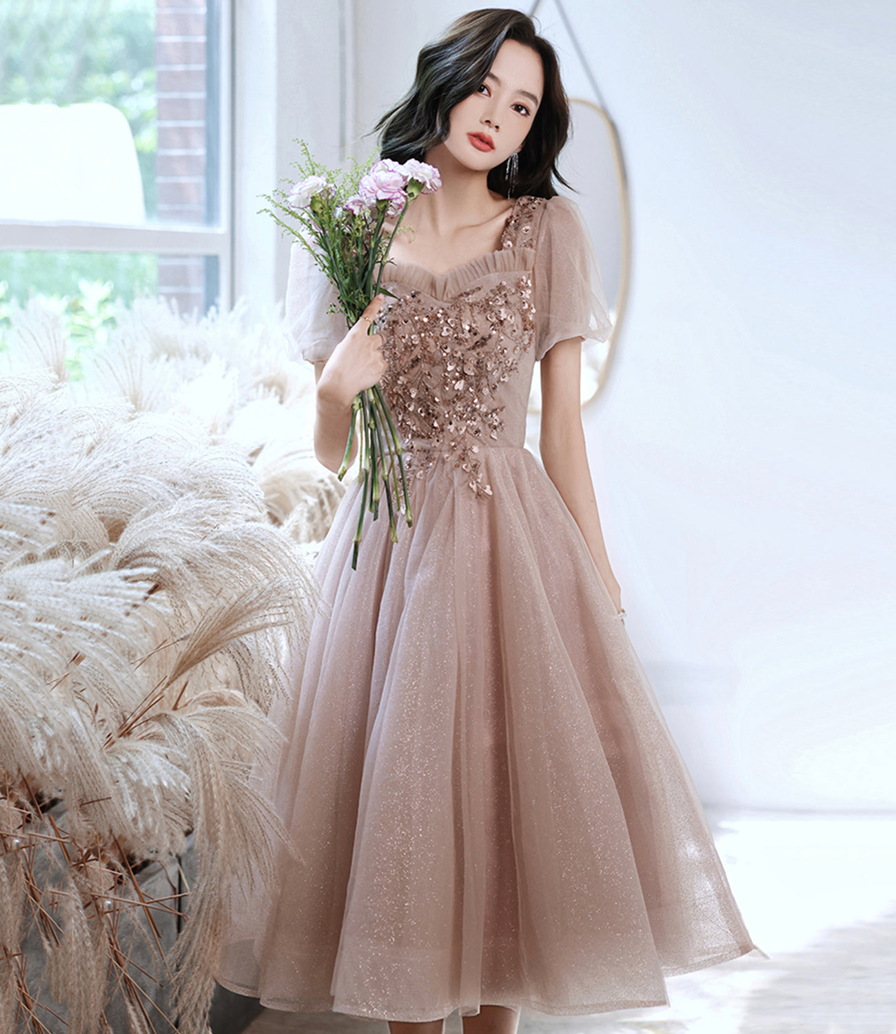 Champagne tulle sequins short prom dress homecoming dress  8988