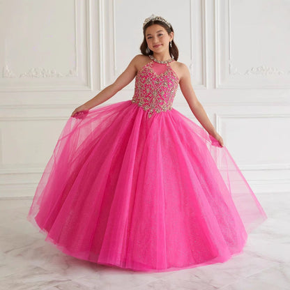 Sparkling Ball Gown Halter Tulle Floor-Length Flower Girl Dress with Lace Appliques