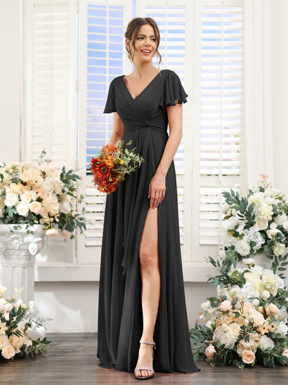 A-Line/Princess V-Neck Short Sleeves Floor-Length Bridesmaid Dresses with Split Side