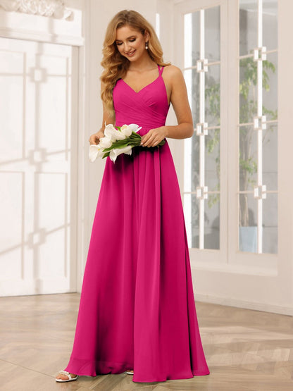 A-Line/Princess V-Neck Sleeveless Floor-Length Bridesmaid Dresses with Ruffles