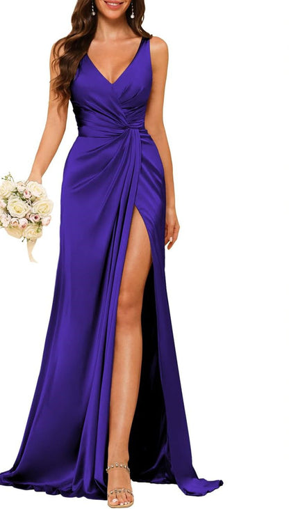 A Line/Princess V Neck Sleeveless Floor-Length Bridesmaid Dresses with Split