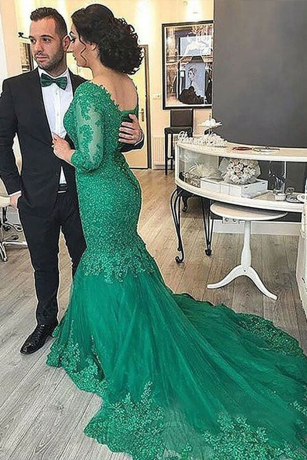 Emerald 3/4 Sleeves Mermaid Prom Dress V-Neck With Lace AppliquesPD0597