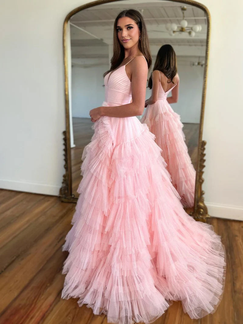 Alianna |A-Line Spaghetti Straps Tiered Tulle Prom Dress