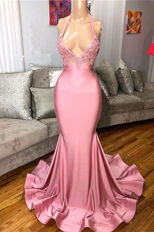 Pink Halter Mermaid Long Prom Dress With Lace Appliques PD0676