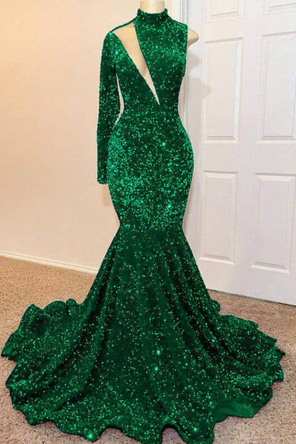 Green Long Sleeves High Neck Mermaid Long Prom Dress With Sequins PD0681