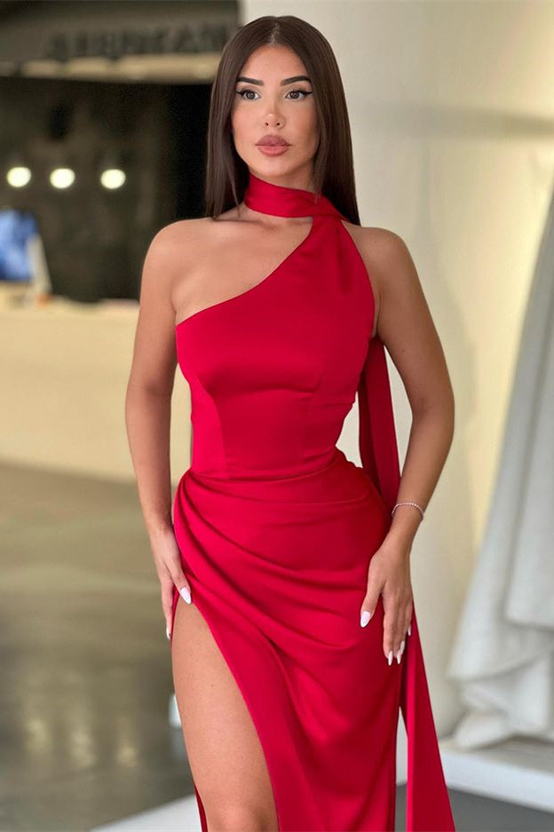 Red High Collar Long Mermaid Slit Prom Dress With Ruffles ED0244