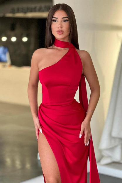 Red High Collar Long Mermaid Slit Prom Dress With Ruffles ED0244