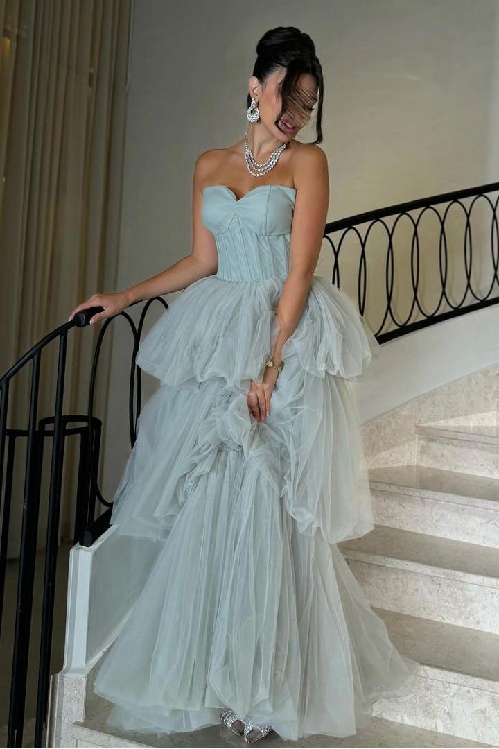 edgynewlook Chic Light Blue Tulle  Sleeveless Strapless Sweetheart Long Prom Dress with Ruffles