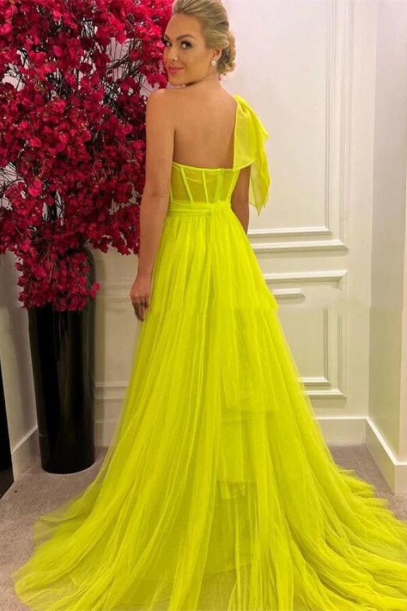 One-Shoulder Tulle A-Line Long Prom Dress With Split PD0724