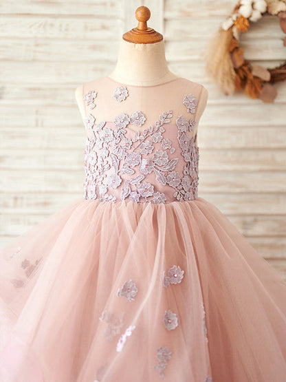 A-line Tulle Floor-length Pink Flower Girl Dress